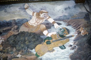 Hanuman doing battle in a Thai Ramayana mural